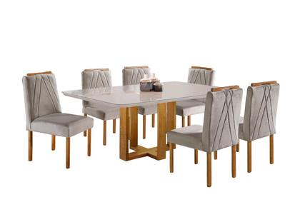 Imagem de Conjunto Sala de Jantar 6 Lugares Mesa e Cadeiras Madeira Maciça e Tampo Com Vidro