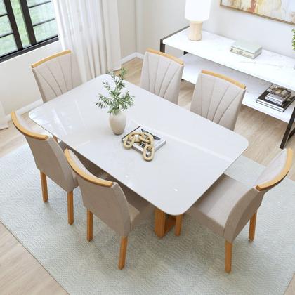 Imagem de Conjunto Sala de Jantar 6 Lugares Retangular Tampo Vidro/MDF Mesa Bold e Cadeiras Pés Madeira Jade