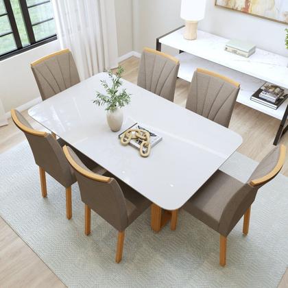 Imagem de Conjunto Sala de Jantar 6 Lugares Retangular Tampo Vidro/MDF Mesa Bold e Cadeiras Pés Madeira Jade