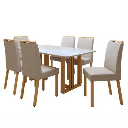 Imagem de Conjunto Sala de Jantar 6 Lugares Retangular Tampo Vidro/MDF Mesa Bold e Cadeiras Pés Madeira Lunen