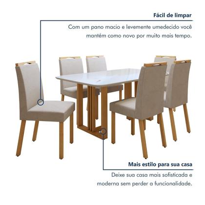 Imagem de Conjunto Sala de Jantar 6 Lugares Retangular Tampo Vidro/MDF Mesa Bold e Cadeiras Pés Madeira Lunen