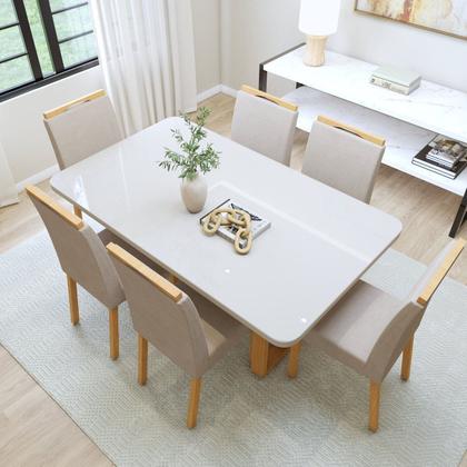 Imagem de Conjunto Sala de Jantar 6 Lugares Retangular Tampo Vidro/MDF Mesa Bold e Cadeiras Pés Madeira Lunen