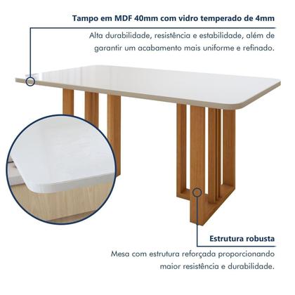 Imagem de Conjunto Sala de Jantar 6 Lugares Retangular Tampo Vidro/MDF Mesa Bold e Cadeiras Pés Madeira Lunen