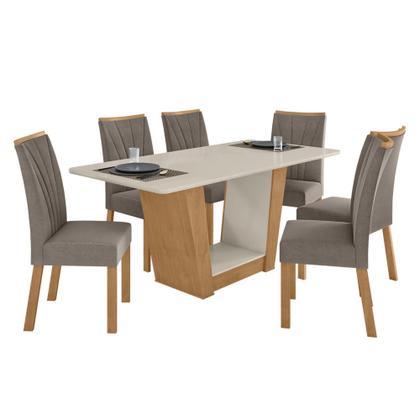 Imagem de Conjunto Sala de Jantar 6 Lugares Retangular Tampo Vidro/MDF Mesa e Cadeiras Apogeu Amêndoa Clean/Off White/Animale Bege