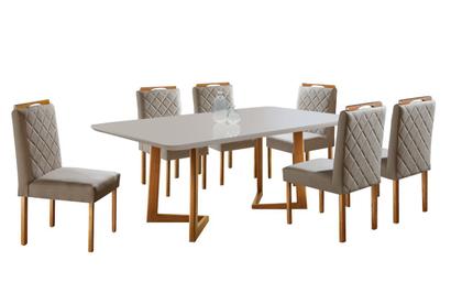 Imagem de Conjunto Sala de Jantar 6 Lugares Veneza Madeira Maciça Mesa e Cadeiras Linho Areia