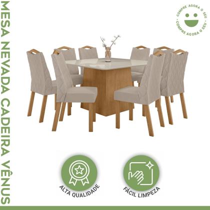 Imagem de Conjunto Sala de Jantar 8 Lugares Quadrada Tampo Vidro/MDF Mesa Nevada e Cadeiras Vênus