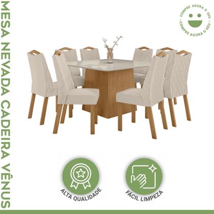 Imagem de Conjunto Sala de Jantar 8 Lugares Quadrada Tampo Vidro/MDF Mesa Nevada e Cadeiras Vênus