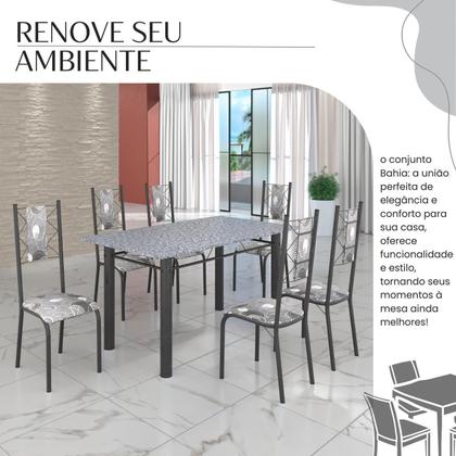 Imagem de Conjunto Sala de Jantar Bahia Mesa Tubo 140x75cm Tampo Pedra Granito com 6 Cadeiras