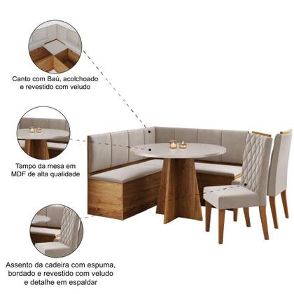 Imagem de Conjunto Sala De Jantar Canto Alemão Com Baú Liebe Com Mesa Fin E 2 Cadeiras Bele Veludo Viero Madeirado