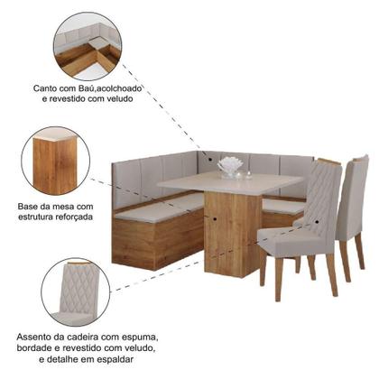 Imagem de Conjunto Sala De Jantar Canto Alemão Com Baú Liebe Com Mesa Lord E 2 Cadeiras Bele Veludo Viero Madeirado