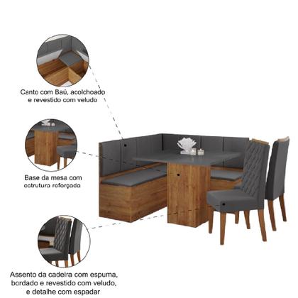 Imagem de Conjunto Sala de Jantar Canto Alemão com Baú Liebe com Mesa Lord e 2 Cadeiras Bele Veludo Viero