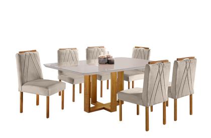 Imagem de Conjunto Sala de Jantar Lisy 6 Lugares Madeira Maciça Tampo Com Vidro Veludo Bege