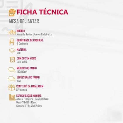 Imagem de Conjunto Sala De Jantar Liz Tampo Vidro 6 Cadeiras