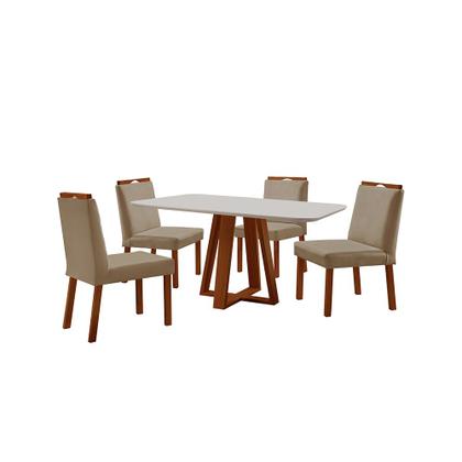 Imagem de Conjunto Sala de Jantar Madeira Maciça Mesa Floripa 120x80cm Tampo de Vidro Retângular Off White com 4 Cadeiras Pérola