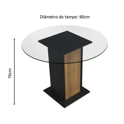 Imagem de Conjunto Sala de Jantar Madesa Débora Mesa Tampo de Vidro Redondo 4 Cadeiras - Preto/Rustic