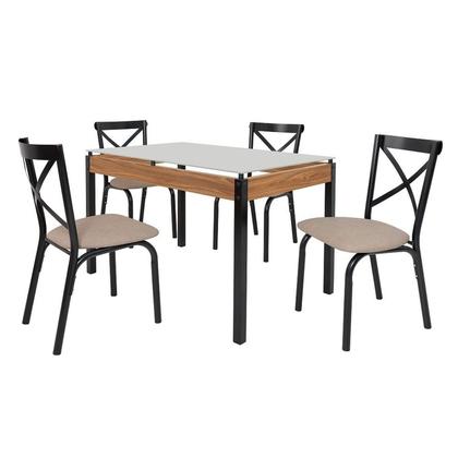 Imagem de Conjunto Sala de Jantar Mesa 120cm X 77cm Tampo Vidro com 4 Cadeiras Karina Preto Fosco / Bege