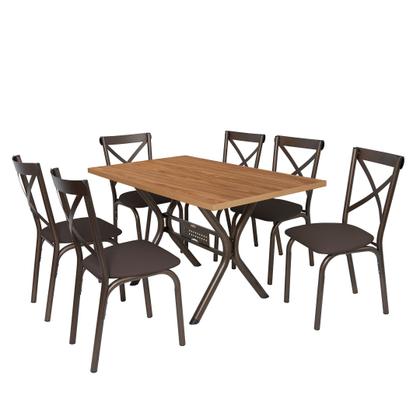 Imagem de Conjunto Sala de Jantar Mesa 136x80cm Tampo MDF/MDP com 6 Cadeiras Karina Marrom/Bronze/Linho