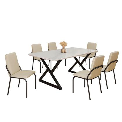 Imagem de Conjunto Sala de Jantar Mesa 160x90cm Base Império Tampo MDF Laca com Vidro Malibu Preto/Creme