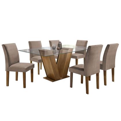 Imagem de Conjunto Sala de Jantar Mesa 6 Cadeiras Tampo de Vidro Classic Cinamomo/Off White/Bege Escuro