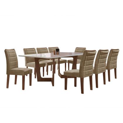 Imagem de Conjunto Sala de Jantar Mesa 8 Cadeiras Vidro e MDF Nápoles Genova Chocolate/Off White/Veludo Bege Escuro