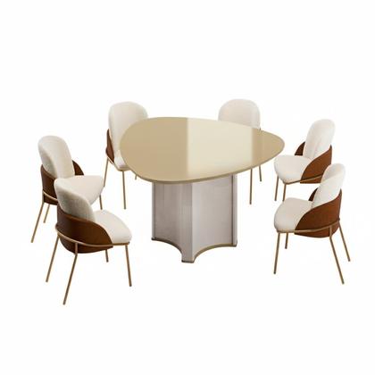 Imagem de Conjunto Sala de Jantar Mesa Chanel Tampo Orgânico com Vidro 136cm com 6 Cadeiras Vitta Bege/Off White/Dourado/Terracota/Pérola