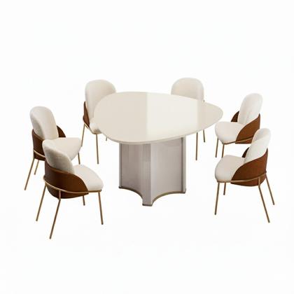 Imagem de Conjunto Sala de Jantar Mesa Chanel Tampo Orgânico com Vidro 136cm com 6 Cadeiras Vitta Bege/Off White/Terracota/Pérola