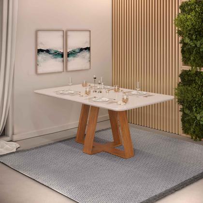 Imagem de Conjunto Sala de Jantar Mesa com 4 Cadeiras Tampo Curvo 160cm Kiara Freijó/Off White Lídia Veludo Moca - Dj Móveis