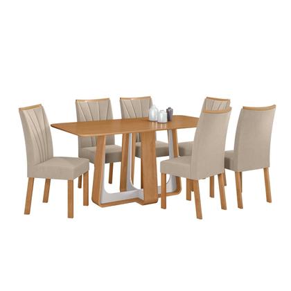 Imagem de Conjunto Sala de Jantar Mesa Easy Pop 170x90cm Tampo MDF com 6 Cadeiras Confort Veludo Naturale Creme Amêndoa/Off White