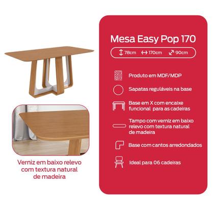 Imagem de Conjunto Sala de Jantar Mesa Easy Pop 170x90cm Tampo MDF com 6 Cadeiras Confort Veludo Naturale Creme Amêndoa/Off White