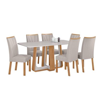 Imagem de Conjunto Sala de Jantar Mesa Easy Pop 170x90cm Tampo Vidro/MDF com 6 Cadeiras Confort Linho Mosaico Cinza Amendoa Clean/off White