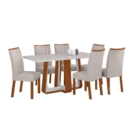 Imagem de Conjunto Sala de Jantar Mesa Easy Pop 170x90cm Tampo Vidro/MDF com 6 Cadeiras Confort Linho Mosaico Cinza Frassino/off White