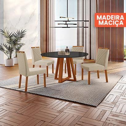 Imagem de Conjunto Sala de Jantar Mesa Floripa 110cm Tampo Redondo Vidro/MDF Preto  com 4 Cadeiras Dallas com Puxador - Móveis Minas