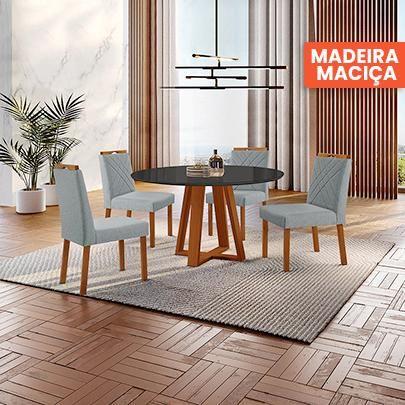 Imagem de Conjunto Sala de Jantar Mesa Floripa 110cm Tampo Redondo Vidro/MDF Preto  com 4 Cadeiras Dallas com Puxador - Móveis Minas