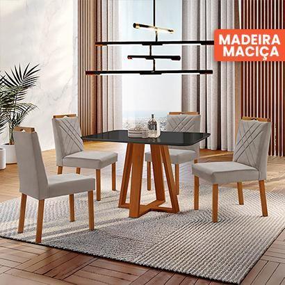 Imagem de Conjunto Sala de Jantar Mesa Floripa Madeira Maciça 120x80cm Tampo Retangular Vidro Preto com 4 Cadeiras Dallas com Puxador Móveis Minas