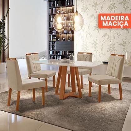 Imagem de Conjunto Sala de Jantar Mesa Floripa Madeira Maciça 140x80cm Tampo Retângular Vidro Off White com 4 Cadeiras Luna com Puxador Móveis Minas