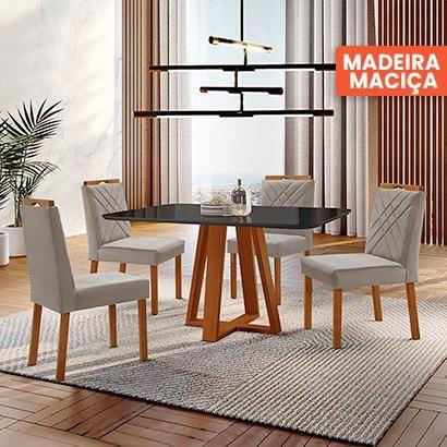 Imagem de Conjunto Sala de Jantar Mesa Floripa Madeira Maciça 140x80cm Tampo Retângular Vidro Preto com 4 Cadeiras Dallas com Puxador Móveis Minas