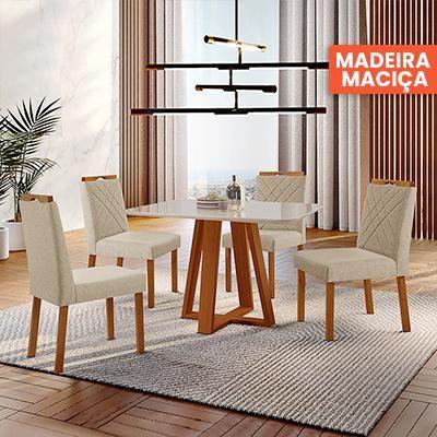 Imagem de Conjunto Sala de Jantar Mesa Floripa Madeira Maciça 90x90cm Tampo Quadrado Vidro Off White  com 4 Cadeiras Dallas com Puxador Móveis Minas