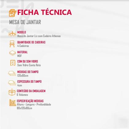 Imagem de Conjunto Sala de Jantar Mesa Liz 120cm MDF Canto Reto e 4 Cadeiras Athenas Moderna