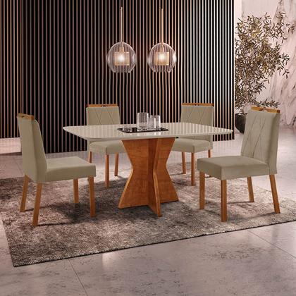 Imagem de Conjunto Sala de Jantar Mesa Madri 140x80cm Tampo Retângular Vidro Off White com 4 Cadeiras Bela com Puxador Móveis Minas