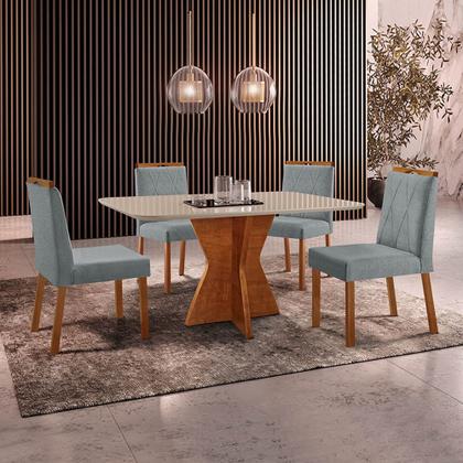 Imagem de Conjunto Sala de Jantar Mesa Madri 140x80cm Tampo Retângular Vidro Off White com 4 Cadeiras Bela com Puxador Móveis Minas