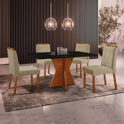 Imagem de Conjunto Sala de Jantar Mesa Madri 140x80cm Tampo Retângular Vidro Preto com 4 Cadeiras Bela com Puxador Móveis Minas