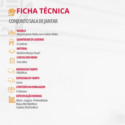 Imagem de Conjunto Sala de Jantar Mesa Malta 160cm com Vidro e 6 Cadeiras Malta em Madeira Moderna