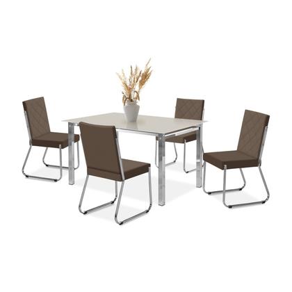 Imagem de Conjunto Sala de Jantar Mesa Ortenia Tampo Vidro com 4 Cadeiras Dinah Marrom/Cromado/Off White