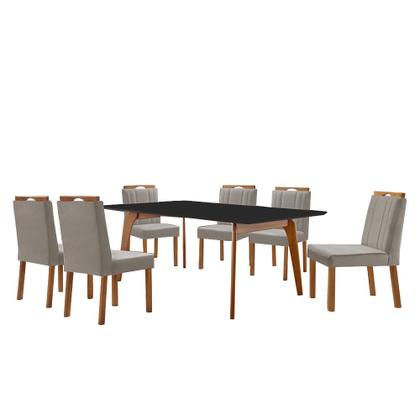 Imagem de Conjunto Sala de Jantar Mesa Paris Madeira Maciça 180x90cm Tampo Retângular Vidro Preto com 6 Cadeiras Ágata com Puxador Móveis Minas