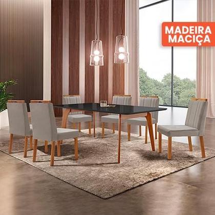 Imagem de Conjunto Sala de Jantar Mesa Paris Madeira Maciça 180x90cm Tampo Retângular Vidro Preto com 6 Cadeiras Ágata com Puxador Móveis Minas