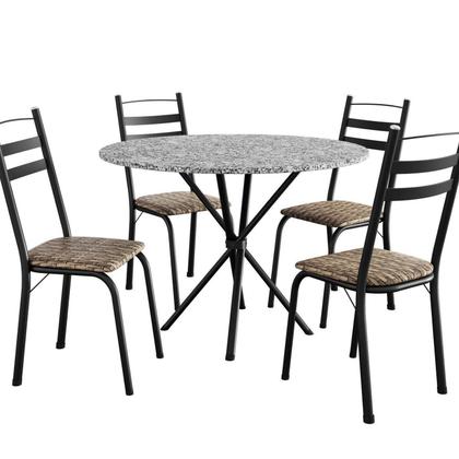 Imagem de Conjunto Sala de Jantar Mesa Redonda 80cm Tampo Granito com 4 Cadeiras Milla Preto/Rattan/Ocre