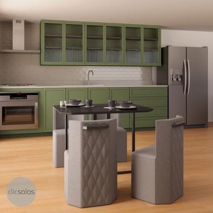 Imagem de Conjunto Sala de Jantar Mesa Retangular e 4 Cadeiras Estofadas PIN Tampo e vidro preto/tecido linho cinza.