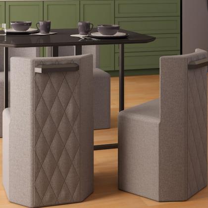 Imagem de Conjunto Sala de Jantar Mesa Retangular e 4 Cadeiras Estofadas PIN Tampo e vidro preto/tecido linho cinza.