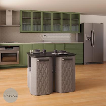 Imagem de Conjunto Sala de Jantar Mesa Retangular e 4 Cadeiras Estofadas PIN Tampo e vidro preto/tecido linho cinza.