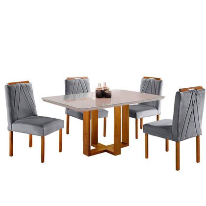 Imagem de Conjunto Sala de Jantar Mesa Tampo de Vidro 4 Cadeiras Lisboa Mundial Móveis Mel/Cinza